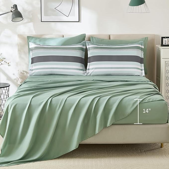 WONGS BEDDING Green Comforter King Size Set, 7 Pieces Bed in a Bag Green and Grey Comforter Set, Soft Boho Striped Bedding Sets with Sheets, Pillowcases & Shams