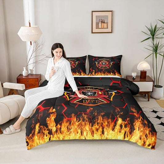Fire Fighting Kids Comforter Set Full Size,Fire Fighting Truck Tool Flame Bedding Set,Boys Girls Adults Room Decor,Geometric Honeycomb Hexagon Down Comforter,Red Black Duvet Insert,2 Pillowcases