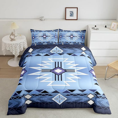 Blue Aztec Tribal Arrow Stripes Comforter Set Twin Size,Southwestern Bedding Set for Kids Girls Boys Adult Room Decor,Rustic Farmhouse Quilt Set Vintage Cowboy Duvet Insert,1 Pillowcase