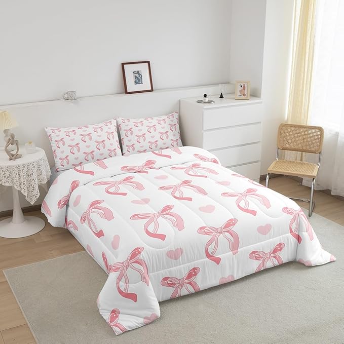jejeloiu Cute Pink Bow Bedding Set Queen Size Ribbon Bow Comforter Set for Kids Women Cartoon Love Heart Duvet Set Pink White Quilt Set 3Pcs