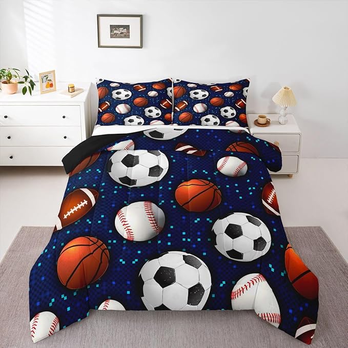 Ball Game Comforter Set for Kids Boys Teens,Baseball Duvet Insert Twin Size,Basketball Soccer Bedding Set Bedroom Decor,Glowing Neon Sports Theme Quilt Comforter with 1 Pillowcase All Season