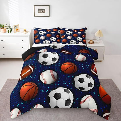 Ball Game Comforter Set for Kids Boys Teens,Baseball Duvet Insert Twin Size,Basketball Soccer Bedding Set Bedroom Decor,Glowing Neon Sports Theme Quilt Comforter with 1 Pillowcase All Season