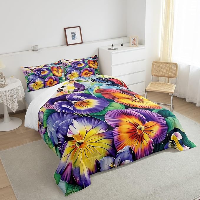 Erosebridal Flower Butterfly Girls Bedding Sets Twin Garden Pansy Floral Bed Comforter Set Rustic Farmhouse Spring Comforter Set Pastoral Country Blossom Quilt Duvet Purple Yellow Room Decor