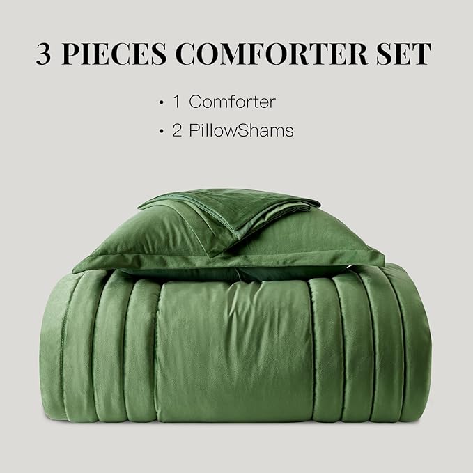 MUSSEL King Size Comforter Set Olive Green 3 Pieces,Luxury Velvet Striped Bedding Comforter Sets,Elegant Lightweight Neutral Soft Fluffy King Comforter Sets for Bedroom