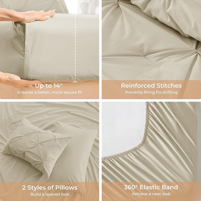 Sasttie Twin Comforter Set, 5-Piece Bed in a Bag, Pintuck Bedding Sets for All Season, Includes Comforter, Flat Sheet, Fitted Sheet, Pillowcase and Pillowsham, Linen