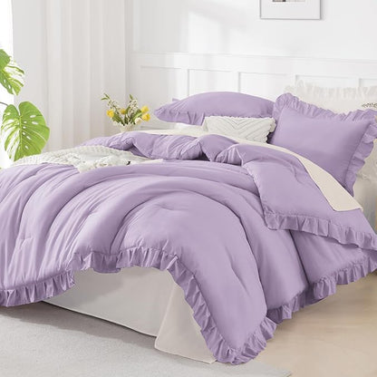 Andency Lavender Twin Size Comforter(66x90Inch), 2 Pieces Ruffle Solid Farmhouse Shabby Chic Comforter with 1 Pillowcase, Lighteweight and Soft Microfiber Bedding Set