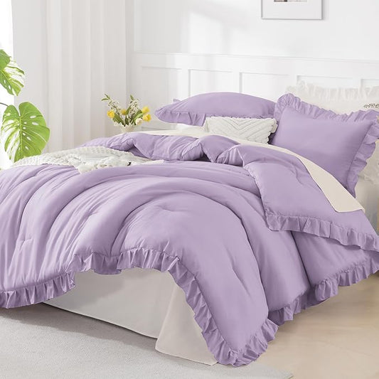 Andency Oversized King Comforter Set 120x98, 3 Pieces Ruffle Shabby Chic Famhouse Bedding Set, All Season Lightweight Fluffy Bed Set for Girls Women, Lavender