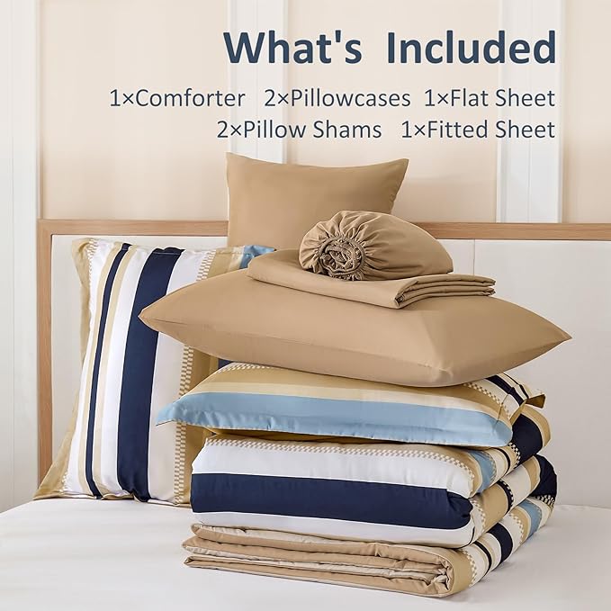 WONGS BEDDING Comforter Queen Size, Khaki and Blue 7 Pieces Comforter for Queen Bed Striped Bed in a Bag Soft Bedding Comforter Set for All Season(90"x90")