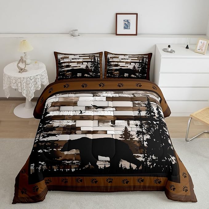 Feelyou Rustic Bear Bedding Set Wild Animals Hunt Comforter Set for Kids Boys Girls Brown Wooden Comforter Paw Print Quilt Set Bedroom Collection 2Pcs Toddler Size
