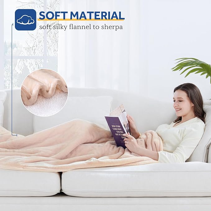 Sealy Electric Blanket with Foot Pocket for Adults, Flannel & Sherpa Heated Blanket Throw with 6 Heating Levels & 2-10 Hours Auto Shut Off, Fast Heating & Machine Washable, 50x62 Inch, Beige