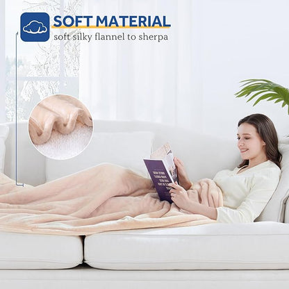 Sealy Electric Blanket with Foot Pocket for Adults, Flannel & Sherpa Heated Blanket Throw with 6 Heating Levels & 2-10 Hours Auto Shut Off, Fast Heating & Machine Washable, 50x62 Inch, Beige