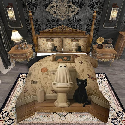 Erosebridal Halloween Cat Full Bedding Set, Halloween Ghost Comforter Set, Vintage Bohemia Comforter, Retro Antumn Funny Gothic Quilt for Kids Boys Girls Women Men Gothic Bedroom Decor, Microfiber