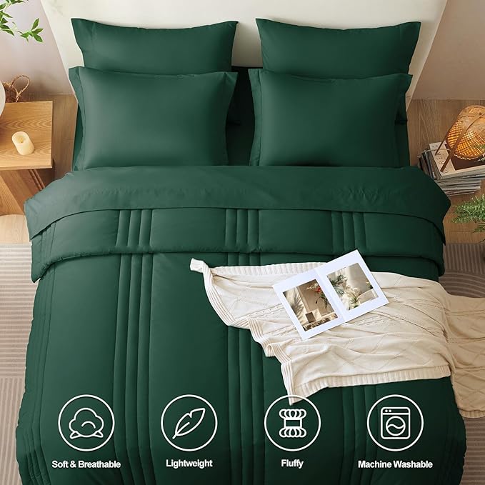 CozyLux Queen Size Comforter Sets - 7 Piece Bed in a Bag Emerald Green Comforter Set with Sheets Queen Bed Set All Seasons, Bedding Set with Down Alternative Comforter, Sheets, Pillowcases & Shams