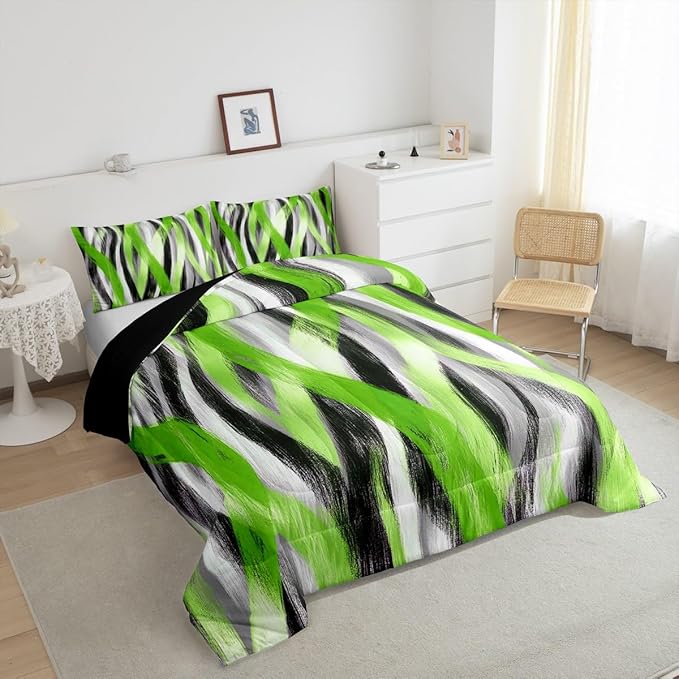 Erosebridal Geometric Stripes Comforter Queen Modern Abstract Comforter Set Grey Black Lime Green Bedding Set for Kids Boys Teen Men Swirl Lines Quilt Duvet Room Decor 3 Pcs
