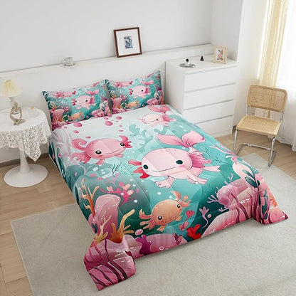 Cute Axolotl Kids Bedding Sets Toddler Size, Pink Kawaii Animal Ocean Sealife Comforter Set Bedroom Decor, Cartoon Lovely Coral Undersea Quilt Set Soft Duvet Insert,1 Pillowcase