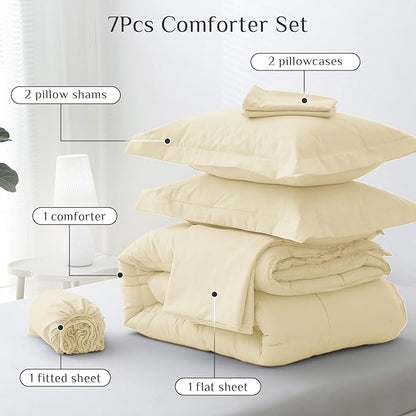JOLLYVOGUE Queen Comforter Set, Ultra-Soft Bed in a Bag Queen Size 7 Pieces, Oeko-TEX Certified Bedding Set with Down Alternative Comforter, Sheets, Pillowcases & Shams, Light Yellow