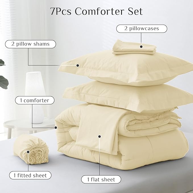 JOLLYVOGUE Full Comforter Set, Ultra-Soft Bed in a Bag Full Size 7 Pieces, Oeko-TEX Certified Bedding Set with Down Alternative Comforter, Sheets, Pillowcases & Shams, Light Yellow