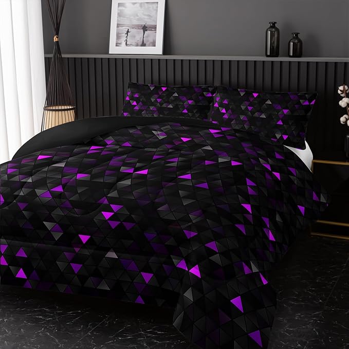 Geometric Violet Black Comforter Set,Triangle Honeycomb 3 PCS Bedding Set Queen Size for Teen Adult,Modern Quilt Set Geometry Decor,Microfiber Lightweight 1 Comforter 2 Pillowcases