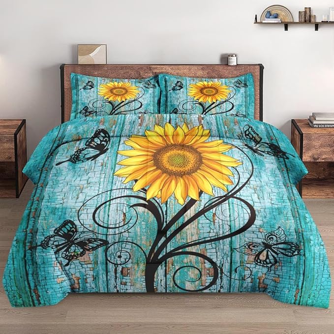 Comforter Set King Size, Rustic Yellow Sunflower 3 Pcs Soft Bedding Set for Kids and Adults, Teal Wood Wooden Floral Comforter Set with 2 Pillowcases, for Bedroom Bed Decor