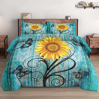 Comforter Set Full Size, Rustic Yellow Sunflower 3 Pcs Soft Bedding Set for Kids and Adults, Teal Wood Wooden Floral Comforter Set with 2 Pillowcases, for Bedroom Bed Decor