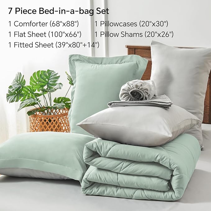 BEDELITE Twin XL Comforter Set 5 Pieces Bed in A Bag - Soft Microfiber Reversible Twin Extra Long Sage Green Bed Set with Comforters, Sheets, Pillowcase & Sham, Cozy Bedding Sets for College Dorm Room