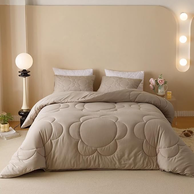Cottonight Beige Khaki Comforter Set Full Light Khaki Sunflower Bedding Comforter Set Women Men Beige Mocha Blanket Quilts Big Flower Printed 3 Piece Soft Breathable Bedding Set Full Size