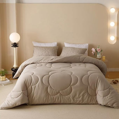 Cottonight Beige Khaki Comforter Set Full Light Khaki Sunflower Bedding Comforter Set Women Men Beige Mocha Blanket Quilts Big Flower Printed 3 Piece Soft Breathable Bedding Set Full Size