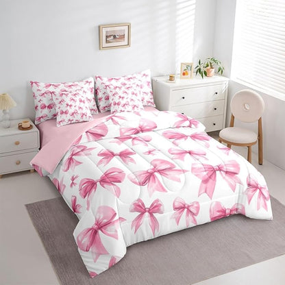 Feelyou Pink Bow Comforter Set with Sheets 7 Piece Queen Size Cute Bowknot Bed in a Bag Kids Boys Girls Princess Decor Bedding Set Kawaii Bedroom Decor Breathable Soft Lightweight Microfiber