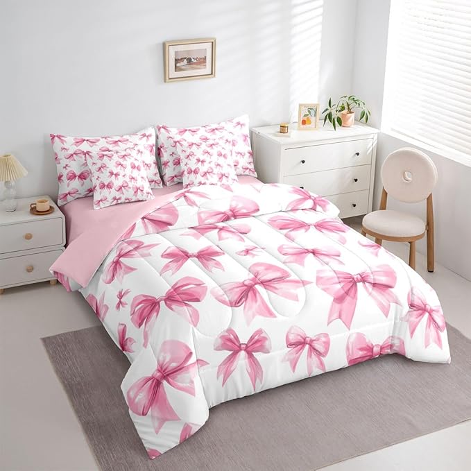 Feelyou Pink Bow Comforter Set with Sheets 7 Piece King Size Cute Bowknot Bed in a Bag Kids Boys Girls Princess Decor Bedding Set Kawaii Bedroom Decor Breathable Soft Lightweight Microfiber