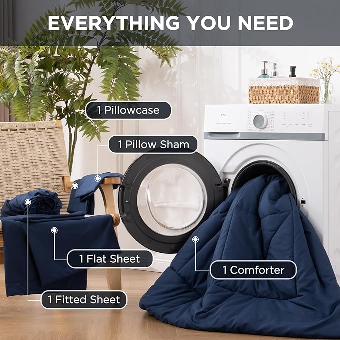 5 Pieces Twin Comforter Set - Utral Soft Microfiber Bedding Set, Thick Duvet Insert Bed in a Bag Without Rustling Noise for All Season, Navy (68"x88")