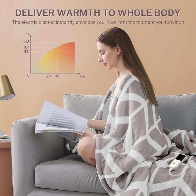VENTIMI Electric Blanket Heated Throw, 72" x 84" Heated Blanket with 9 Heat Levels & 2 to 10 Hours Auto Off, Fast Heating Blankets with ETL & FCC Certification, Beige