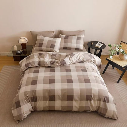 Cottonight Checkered Khaki Comforter Set Full Gingham Grid Bedding Set Khaki and Cream Coffee Grid Comforter Fluffy Soft Bedding Set Kids Teens Full Comforter with 2 Pillowcases
