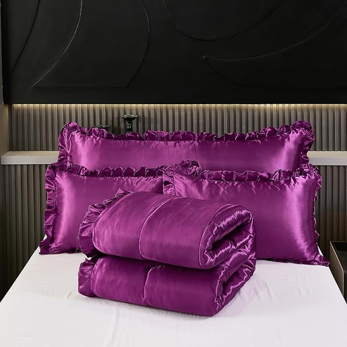 Purple King Comforter Silk Like Bedding 4 Pcs Hotel Soft Polyester Satin Bed Set Luxury Silky Body Pillow Cover Ruffle Home Decor