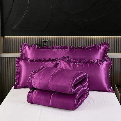 Purple King Comforter Silk Like Bedding 4 Pcs Hotel Soft Polyester Satin Bed Set Luxury Silky Body Pillow Cover Ruffle Home Decor