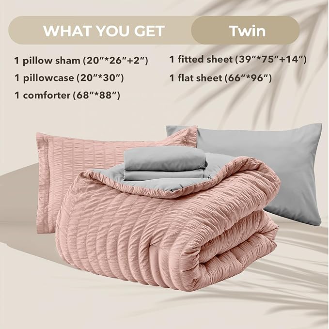 HYMOKEGE Rose Gold/Light Grey Twin Comforter Set Seersucker 5 Pieces, All Season Luxury Bed in a Bag for Bedroom, Bedding Set with Comforter, Sheets, Pillowcase & Sham