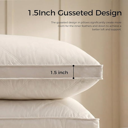 puredown® Goose Feathers and Down Pillows, 100% Organic Cotton Cover, Gusseted Pillow for Sleeping Hotel Collection Bed Pillows, Queen, Set of 2