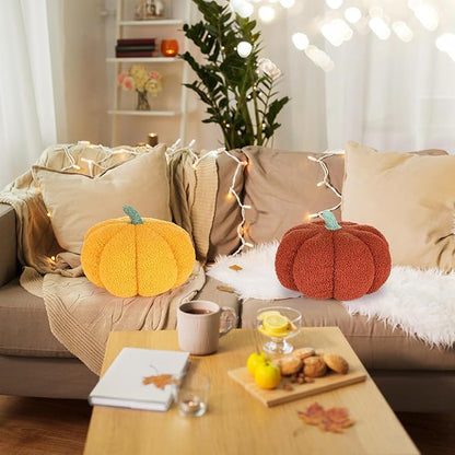 Kajaia 2 Pcs Pumpkin Pillow Plush 11 x 9.5 Inch 3D Cushion Fall Decorations Simulated Stuffed Throw Pillows for Halloween Thanksgiving Bedroom Sofa Couch Supplies (Yellow,Brown)