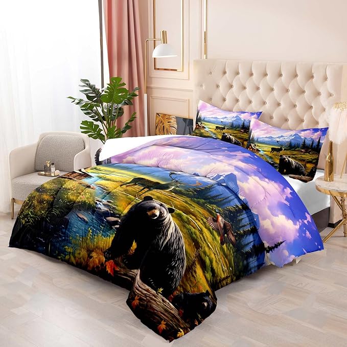 LUVIVIHOME 3PCS Black Bear Deer Comforter Set King Size, Mallard Duck Moose Mountain Lake Forest Animal Wildlife Hunting Hunter Country Lodge Rustic Farmhouse Cabin Bedding Sets, 2 Pillow Shams