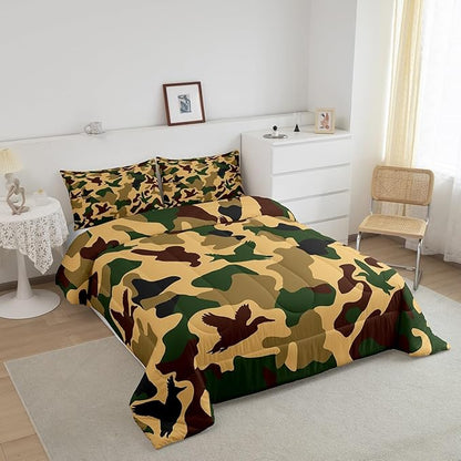 Erosebridal Camo Duck Comforter Set King Size Camouflage Bedding for Kids Hunting Farmhouse Camping Comforter Vintage Army Green Yellow Room Decor Wild Animal Rustic Duvet Set