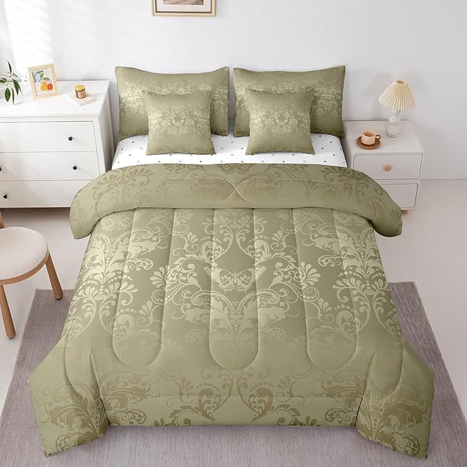 Erosebridal Gothic Damask Bed in a Bag Queen Comforter Set 7 Piece,Butterfly Skull Bedding Sets Olive Grey Victorian Floral Goth Sheet Set with Comforter