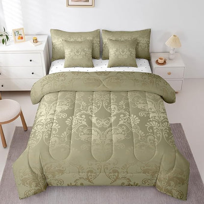 Erosebridal Gothic Damask Bed in a Bag Queen Comforter Set 7 Piece,Butterfly Skull Bedding Sets Olive Grey Victorian Floral Goth Sheet Set with Comforter