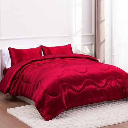 A Nice Night Satin Silky Soft Quilt Luxury Super Soft Microfiber Bedding Comforter Set Full/Queen, Light Weighted (Red, Queen)