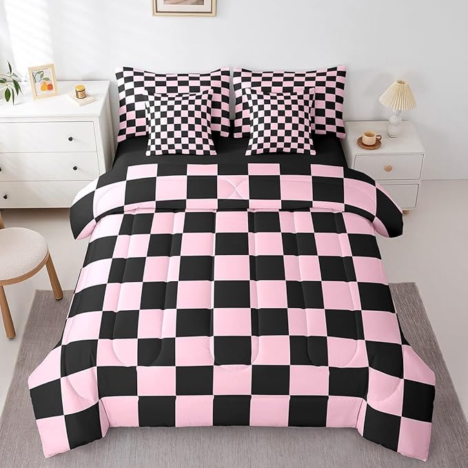 Feelyou Checkered 7 Piece Bedding Set Teen Pink Black Plaid Comforter Set with Sheets Full Size Kids Boys Cute Retro Neutral Checkerboard Geometric Bed in a Bag Vintage Aesthetic Room Decor