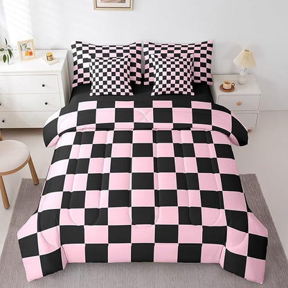 Feelyou Checkered 7 Piece Bedding Set Teen Pink Black Plaid Comforter Set with Sheets Full Size Kids Boys Cute Retro Neutral Checkerboard Geometric Bed in a Bag Vintage Aesthetic Room Decor