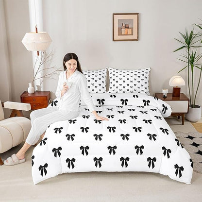 Erosebridal Black Bow Comforter Set Toddler Size Coquette Bows Bedding Set for Kids Teen Girls Women Bedroom Cute Preppy Bowknot Comforter Modern Trendy Girly Aesthetic Quilt Duvet