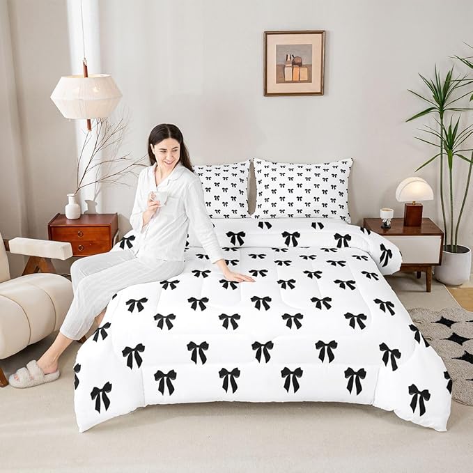 Erosebridal Black Bow Comforter Set King Size Coquette Bows Bedding Set for Kids Teen Girls Women Bedroom Cute Preppy Bowknot Comforter Modern Trendy Girly Aesthetic Quilt Duvet