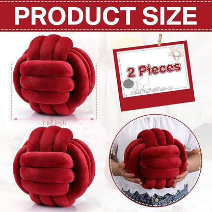 Namalu 2 Pcs Soft Knot Pillow Ball, Decorative Round Throw Knotted Pillows Cushion, Handmade Stuffed Ball Pillows for Winter Bedroom Sofa Couch Home Decor(7.87 Inches,Wine Red)