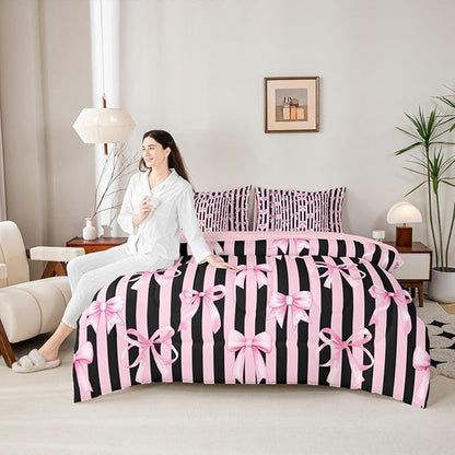 Erosebridal Kids Girls Bowknot Bow Black Pink Y2K King 7-Piece Comforter Set | Kawaii Cute Sheets and Pillowcases Stripe Bed in A Bag Geometric Bed Sets