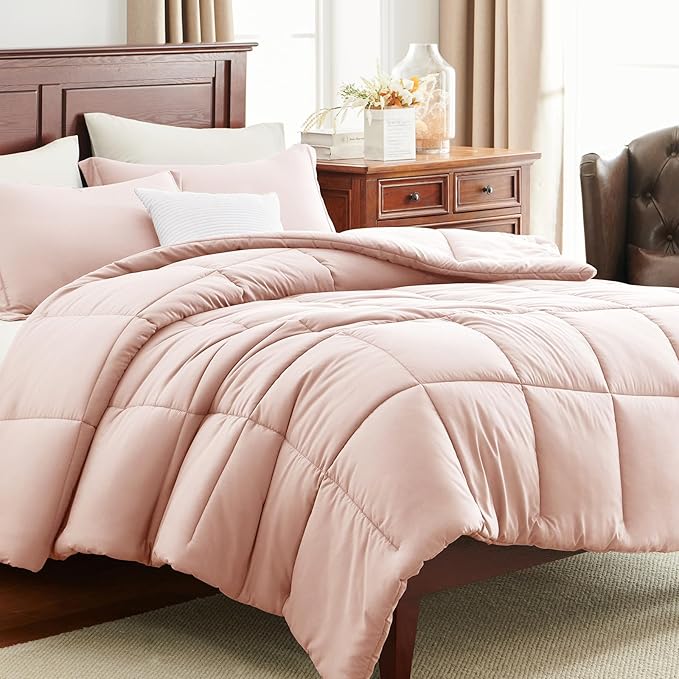 CozyLux Full Size Comforter Sets - Blush Pink Comforter Full Size, 3 Pieces Box Stitched Bed Set for All Seasons, Soft Lightweight Bedding Sets with 1 Down Alternative Comforter and 2 Pillow Shams