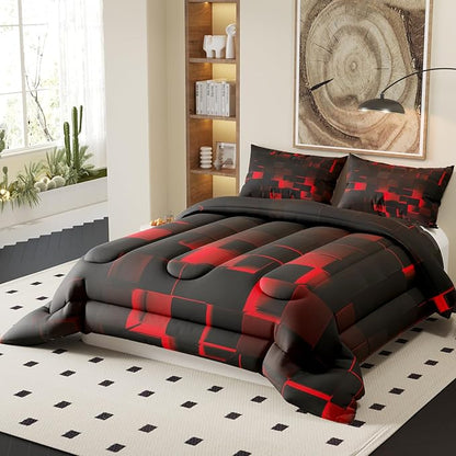 Red Black Comforter Set, Light Honeycomb Theme 3D Pattern for Kids Teens Adults,Decorative Bedding Comforter Sets with 2 Pillow Shams, Queen Size